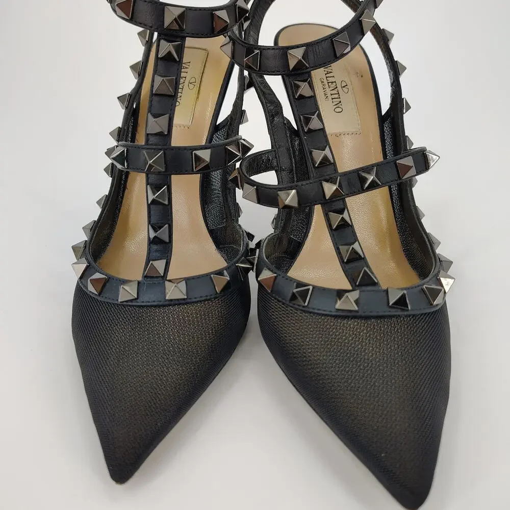 Valentino Garavani Mesh Rockstud Cage T-Strap Pumps Black Size 38 Italy